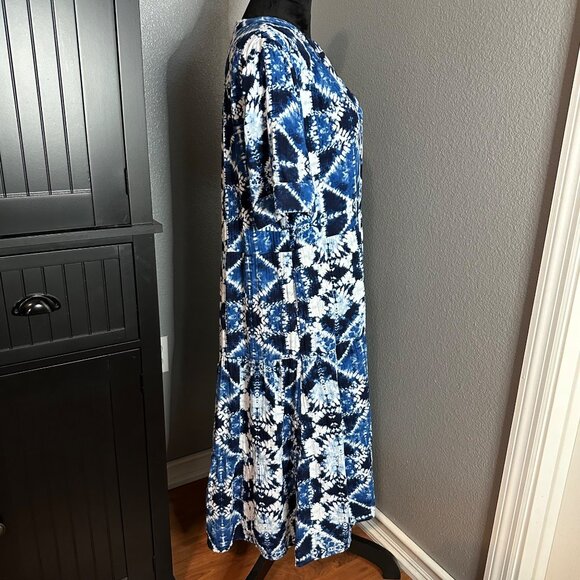 Chico’s Dress Size 2 Large Blue Tie Dye Midi Cotton Short Sleeve Boho Casual - Picture 6 of 9